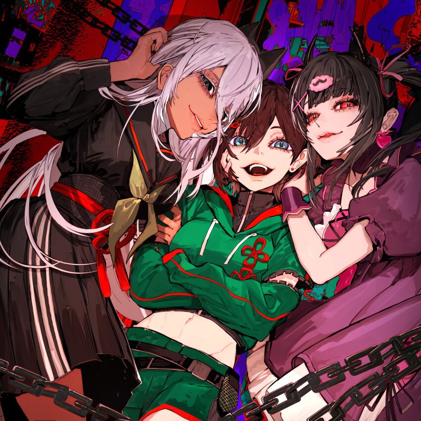 3girls, abeno-shakuji-maya, album_cover, bandaged_neck, bandages, belt, black_belt, black_eyes
