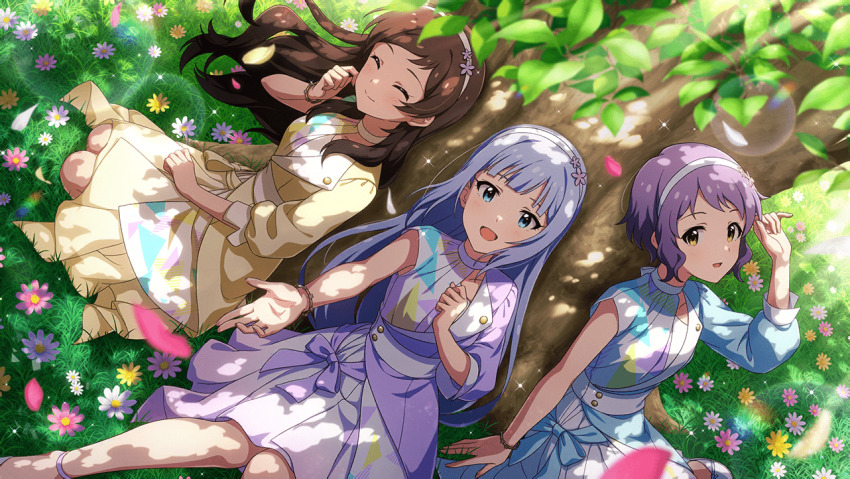 3girls, artist_request, blue_dress, blue_eyes, blue_hair, bracelet, brown_eyes, brown_hair, cipher:utopia_(idolmaster), closed_mouth, day, dot_nose, dress, escape_(idolmaster), flower, from_above, grass, hairband, idolmaster, idolmaster_million_live!, idolmaster_million_live!_theater_days, jewelry, kitazawa_shiho, light_blue_hair, long_hair, looking_at_viewer, low-tied_long_hair, makabe_mizuki, multiple_girls, official_art, open_mouth, outdoors, outstretched_hand, parted_bangs, purple_dress, purple_hair, shiraishi_tsumugi, short_bangs, short_hair, sidelocks, sitting, smile, sunlight, tree, very_long_hair, wavy_hair, yellow_dress, yellow_eyes