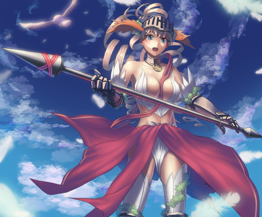 1girl, athena_(lord_of_vermilion), bird, blonde_hair, blue_eyes, boots, choker, cloud, cuboon, day, feathers, female_focus, gloves, head_wings, helmet, lance, lord_of_vermilion, open_mouth, polearm, solo, thigh_boots, thighhighs, weapon, wings
