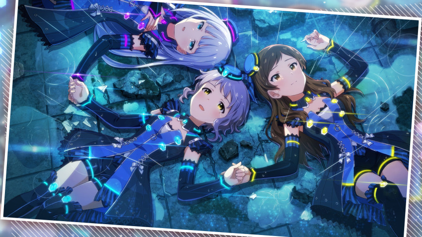 3girls, artist_request, black_sleeves, blue_dress, blue_eyes, blue_hair, blue_headwear, blunt_bangs