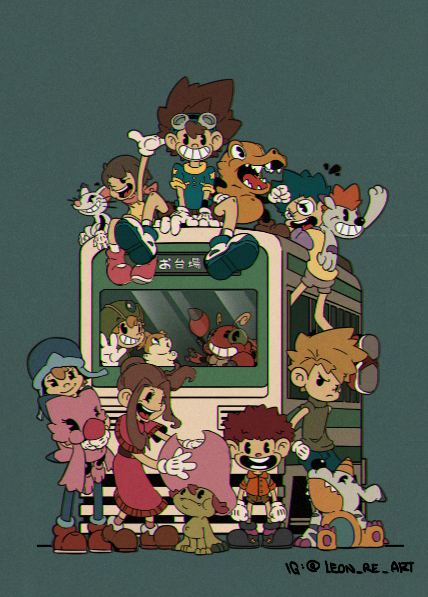 3girls, 5boys, absurdres, agumon, bird, bug, cat, digimon