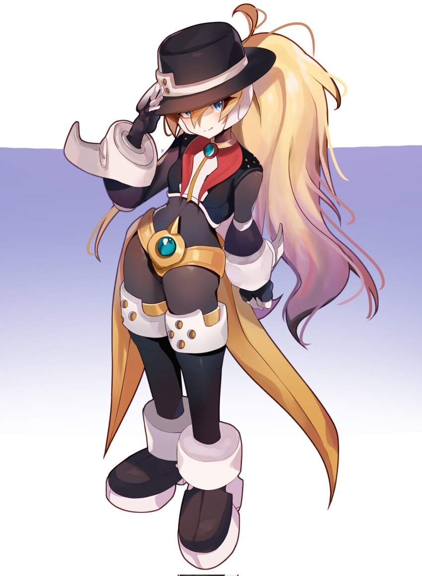 1girl, armor, biometal, black_armor, black_headwear, blonde_hair, blue_eyes, bodystocking