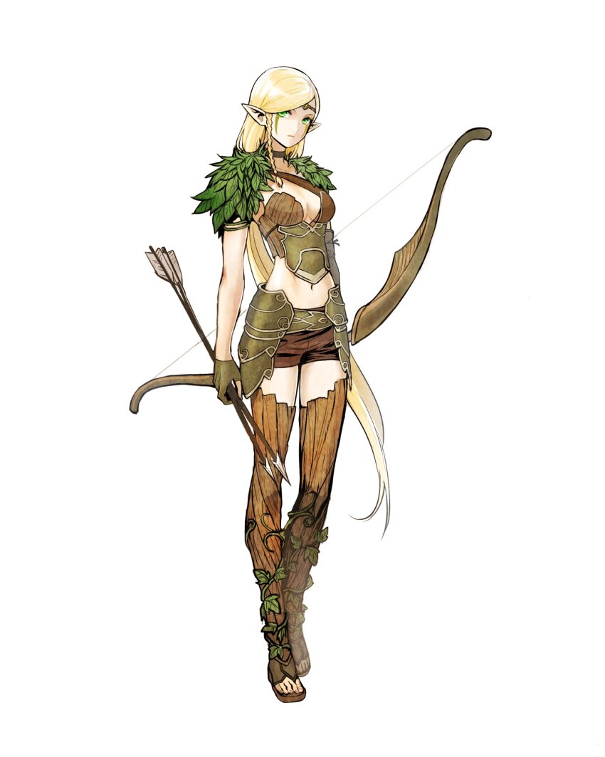 1girl, anwen, arrow_(projectile), blonde_hair, boots, bow_(weapon), breasts, brown_boots