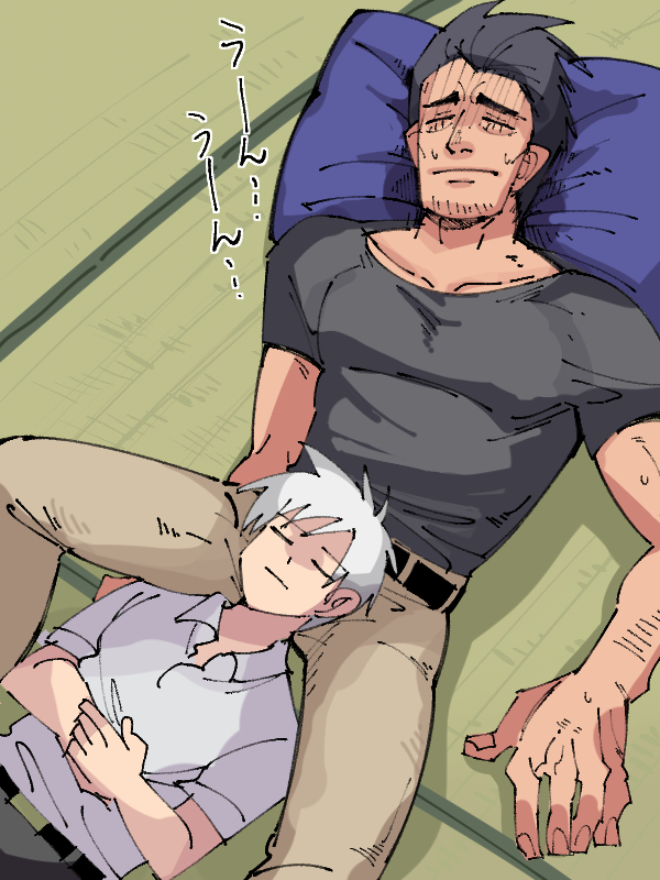 2boys, akagi:_yami_ni_oritatta_tensai, akagi_shigeru, belt, black_belt, black_hair, black_shirt, closed_eyes