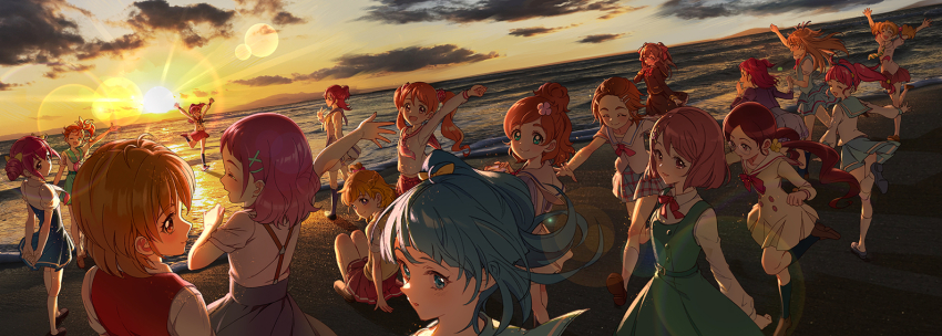 6+girls, :d, ^_^, aida_mana, aino_megumi, anniversary, aqua_eyes, aria_gakuen_school_uniform, arm_up, arms_behind_back, arms_up, asahina_mirai, beach, blazer, blonde_hair, blush, bow, bowtie, braid, brown_hair, cardigan, cellphone, clenched_hand, closed_eyes, cloud, cloudy_sky, color_connection, commentary_request, dokidoki!_precure, drill_hair, flipped_hair, food-themed_hair_ornament, foreshortening, fresh_precure!, futari_wa_precure, futari_wa_precure_splash_star, glasses, go!_princess_precure, hair_ornament, hair_ribbon, hairpin, half_updo, hanasaki_tsubomi, happinesscharge_precure!, haruno_haruka, heartcatch_precure!, holding, holding_phone, hoshi_(xingspresent), hoshizora_miyuki, houjou_hibiki, hugtto!_precure, hyuuga_saki, ichigozaka_middle_school_uniform, in-franchise_crossover, jacket, kirakira_precure_a_la_mode, l'avenir_academy_school_uniform, loafers, long_hair, long_sleeves, looking_at_viewer, low_twintails, mahou_girls_precure!, misumi_nagisa, momozono_love, multiple_girls, myoudou_gakuen_middle_school_uniform, nanairogaoka_middle_school_uniform, necktie, noble_academy_school_uniform, nono_hana, oogai_daiichi_middle_school_uniform, open_mouth, orange_hair, outdoors, perspective, phone, pikarigaoka_middle_school_uniform, pink_eyes, pink_hair, ponytail, precure, precure_all_stars, public_yotsuba_middle_school_uniform, purple_eyes, red_hair, ribbon, running, sailor_collar, sand, school_uniform, serafuku, shadow, shoes, short_hair, short_sleeves, sitting, skirt, sky, sleeves_rolled_up, smartphone, smile, smile_precure!, socks, suite_precure, sun, sunset, suspenders, taking_picture, trait_connection, tsunagi_first_middle_school_uniform, twin_drills, twintails, usami_ichika, v, verone_gakuin_school_uniform, very_short_hair, x_hair_ornament, yes!_precure_5, yumehara_nozomi, yuunagi_middle_school_uniform