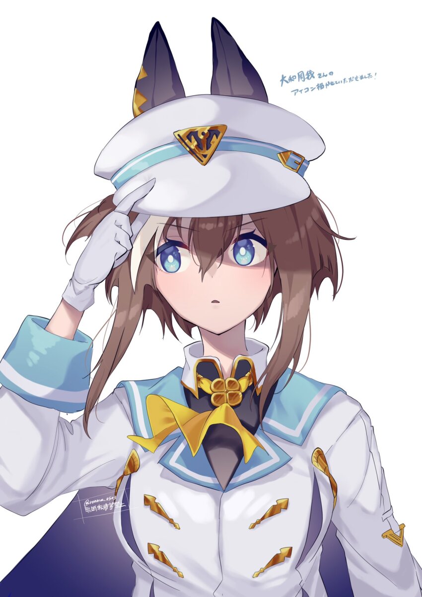 1girl, animal_ears, arm_up, black_shirt, blue_eyes, breasts, bright_pupils, brown_hair