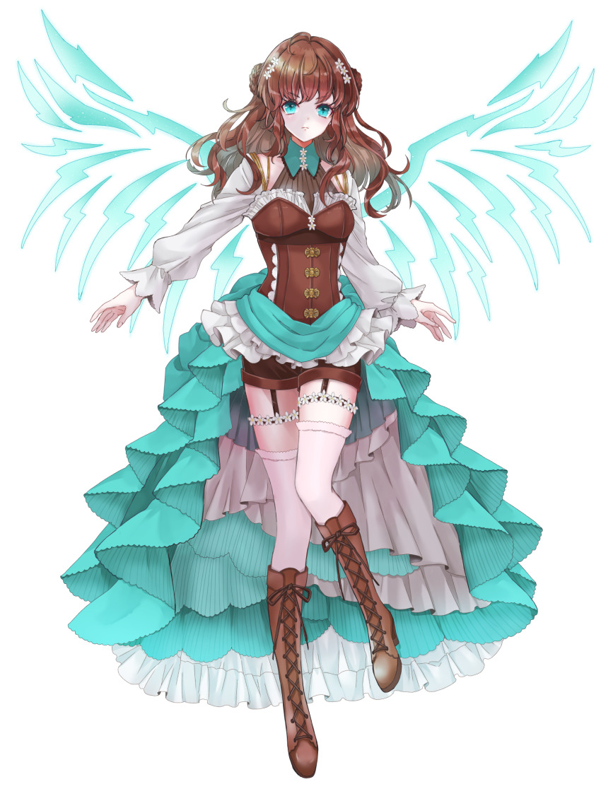 1girl, aqua_skirt, blue_eyes, boots, breasts, brown_boots, brown_hair, chain_paradox