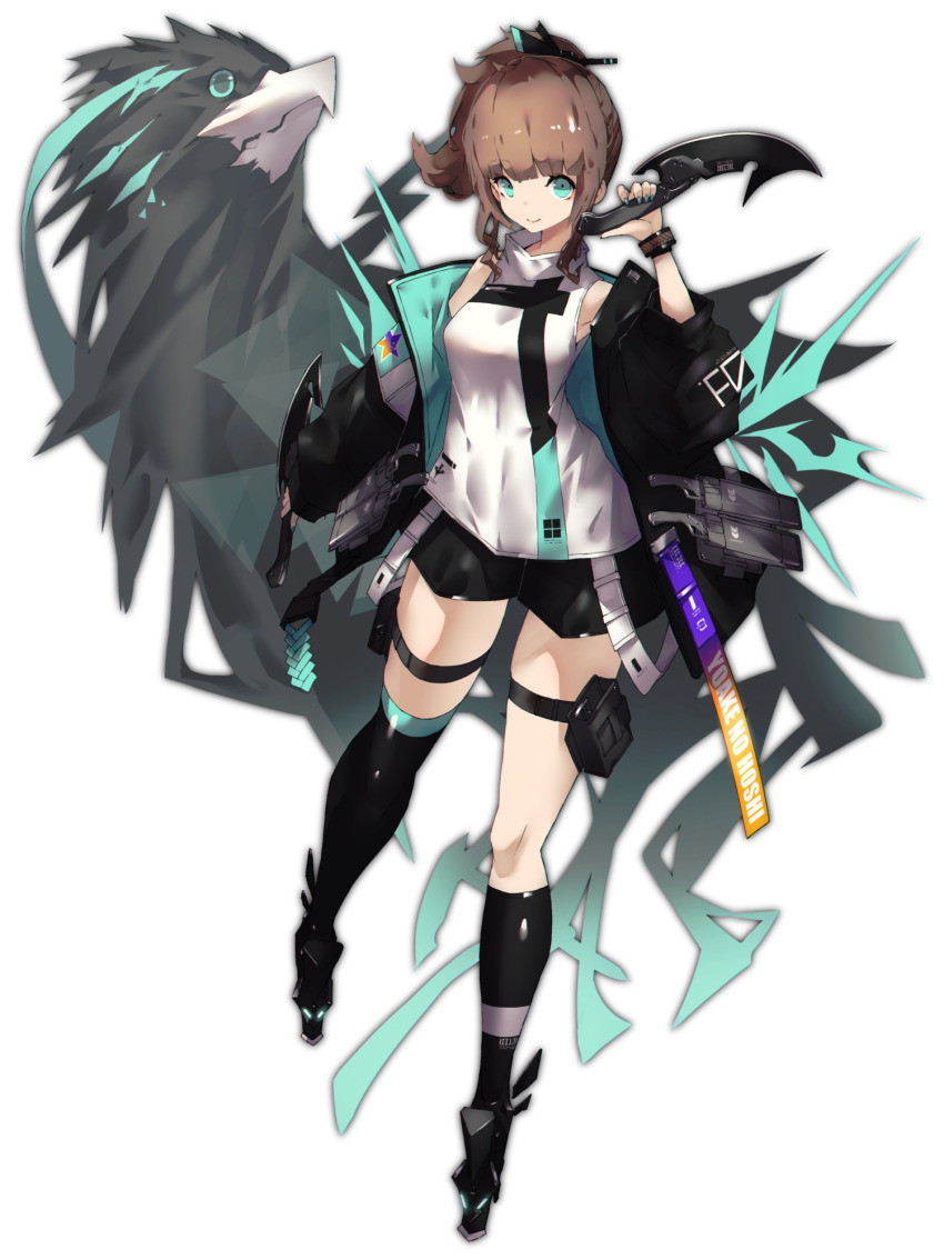 1girl, bird, black_footwear, black_jacket, black_shorts, blue_eyes, bow, breasts