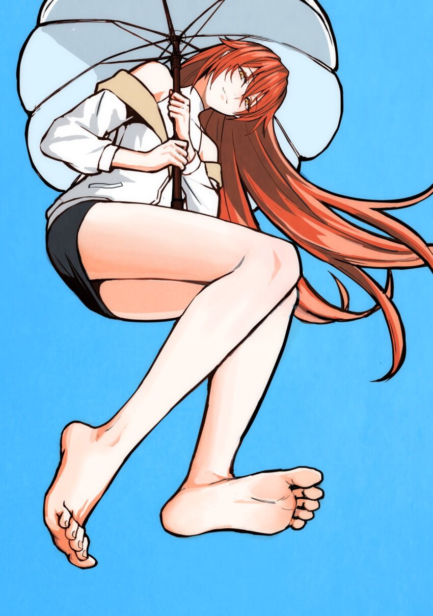 1boy, androgynous, bare_legs, bare_shoulders, barefoot, black_skirt, blue_background, closed_mouth, elf, feet, full_body, highres, holding, holding_umbrella, hood, hoodie, laphlaes_selkena, laphlaes_selkena_(fire), legs, long_hair, long_sleeves, looking_at_viewer, lord_of_heroes, male_focus, pointy_ears, red_hair, simple_background, skirt, smile, soles, solo, tb_(spr1110), toenails, toes, trap, umbrella, very_long_hair, white_hoodie, white_umbrella, yellow_eyes