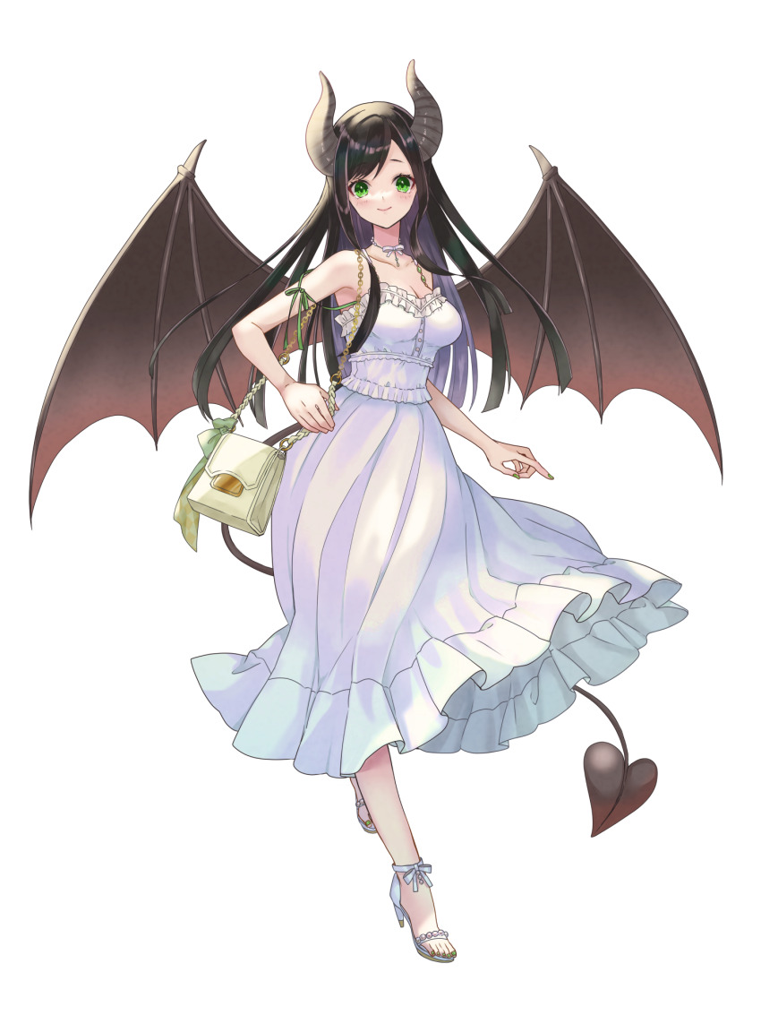 1girl, bag, black_hair, breasts, brown_horns, chain_paradox, charlotte_ami, cleavage, demon_tail, dress, full_body, green_eyes, green_nails, handbag, high_heel_sandals, high_heels, highres, horns, long_hair, long_neck, looking_at_viewer, medium_breasts, nail_polish, sandals, se00tu, smile, solo, strappy_heels, tail, toenail_polish, toenails, toes, transparent_background, white_dress, wings