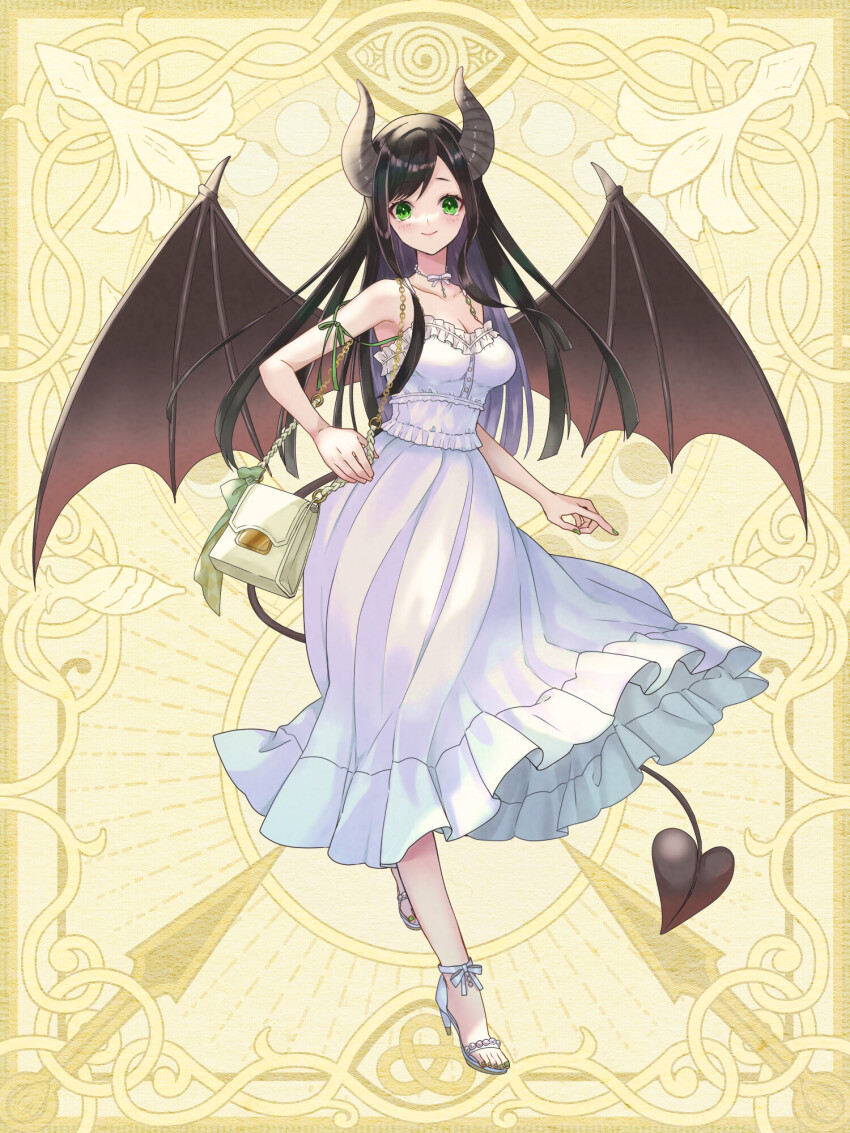 1girl, bag, black_hair, breasts, brown_horns, chain_paradox, charlotte_ami, cleavage