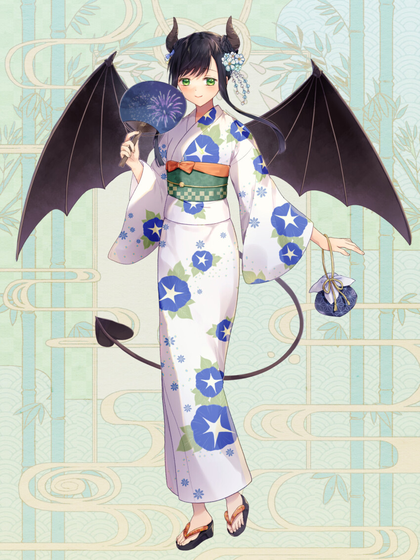 1girl, black_hair, black_wings, braid, brown_horns, chain_paradox, charlotte_ami, feet, floral_print, flower, full_body, green_eyes, hair_flower, hair_ornament, hand_fan, highres, holding, holding_fan, horns, japanese_clothes, kimono, kinchaku, long_hair, obi, oekaki_kouta, pouch, sandals, sash, smile, solo, standing, tail, toenails, toes, white_kimono, wide_sleeves, wings, zouri