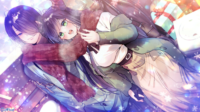 1boy, 1girl, :o, bench, black_gloves, black_hair, black_wings, blush