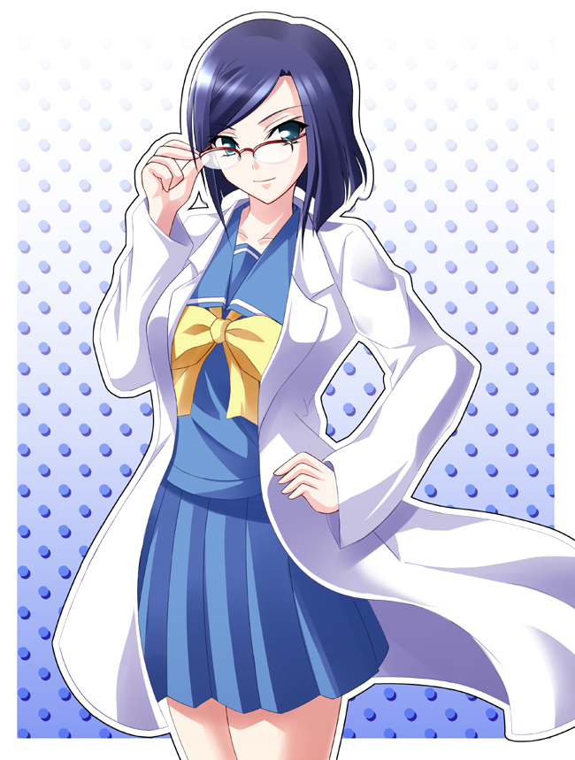 1girl, adjusting_eyewear, bespectacled, blue_eyes, blue_hair, blue_skirt, female_focus, glasses