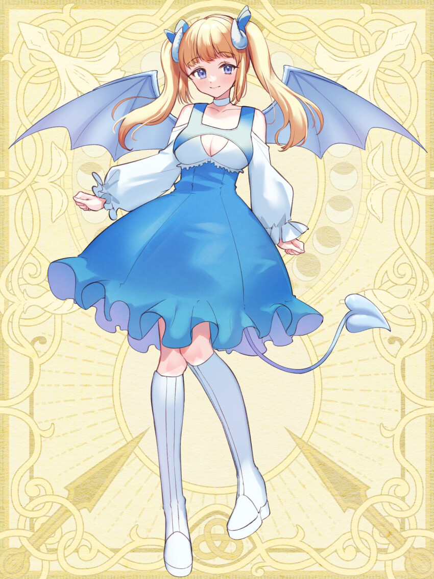 1girl, blonde_hair, blue_dress, blue_wings, boots, breasts, chain_paradox, cleavage_cutout, clothing_cutout, dress, full_body, highres, horns, knee_boots, long_sleeves, medium_breasts, natsume_alice, puffy_long_sleeves, puffy_sleeves, solo, twintails, two-tone_dress, umekichi_(tw), white_boots, white_dress, white_horns, wings, yellow_background