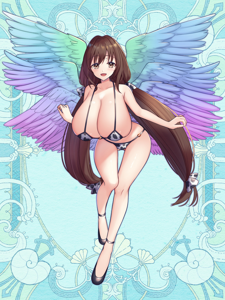 1girl, black_footwear, blue_background, breasts, brown_eyes, brown_hair, cow_print, cow_print_bikini, full_body, huge_breasts, kerberos_blade, leaning_forward, long_hair, low-tied_long_hair, low_twintails, print_bikini, solo, standing, twintails, umekichi_(tw), wings