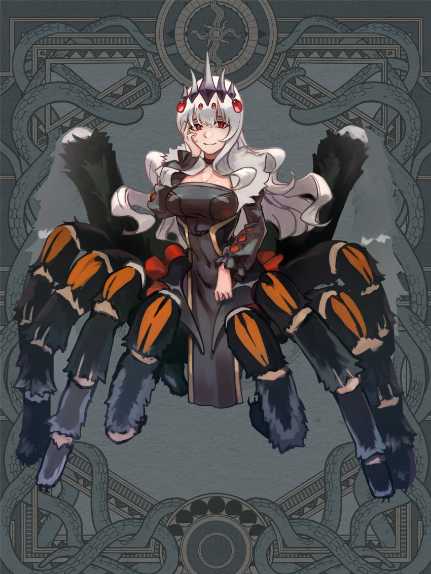 1girl, arachne, arthropod_girl, black_choker, black_dress, breasts, choker, cleavage, dairoku_ryouhei, dress, extra_eyes, full_body, genzo404, grey_background, hand_up, highres, insect_girl, large_breasts, long_hair, long_sleeves, monster_girl, red_eyes, solo, spider_girl, standing, taur, very_long_hair, white_hair