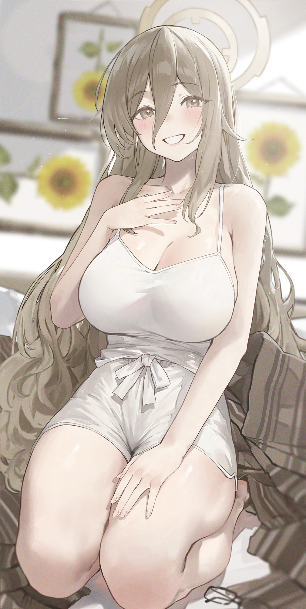 1girl, akane_(blue_archive), alternate_costume, bare_shoulders, black-framed_eyewear, blue_archive, blurry, blurry_background