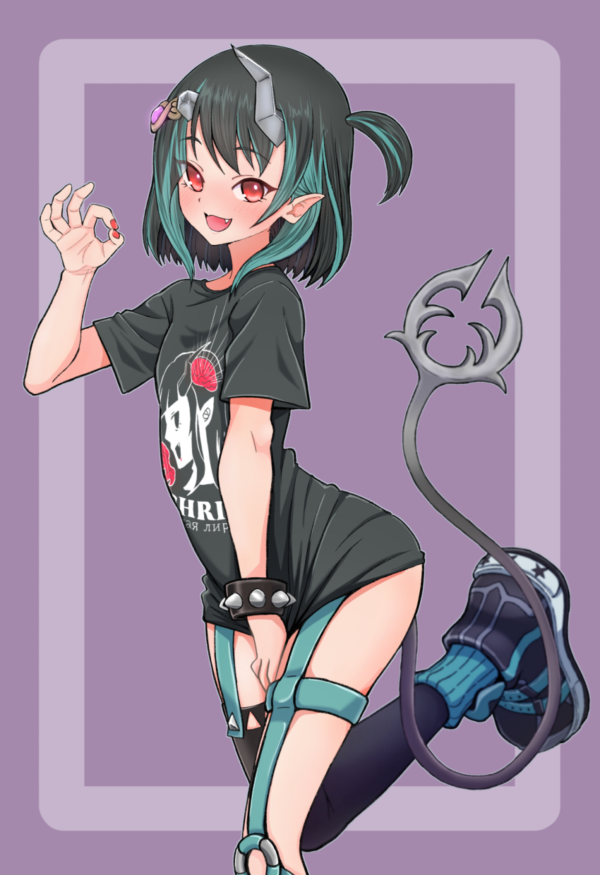 1girl, black_hair, black_shirt, black_shoes, black_thighhighs, blue_hair, blue_socks, blush