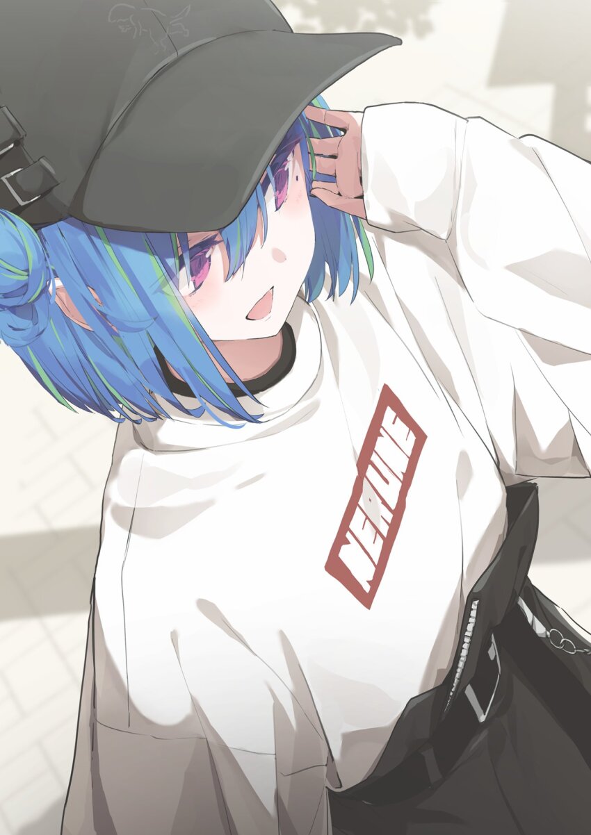 1girl, baseball_cap, belt, black_belt, black_hat, black_shorts, blue_hair, commentary_request