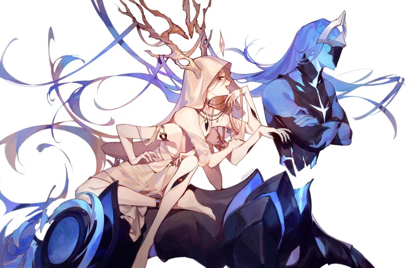 2others, absurdres, bare_shoulders, blue_hair, blue_skin, centaur, colored_skin, commentary