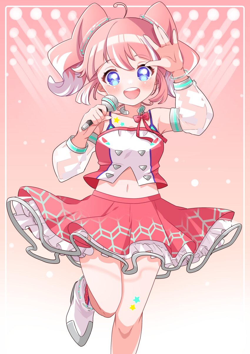 1girl, :d, \||/, absurdres, ahoge, armpits, blue_eyes, blush, boots, bow, breasts, commentary_request, detached_sleeves, foot_out_of_frame, highres, holding, holding_microphone, kino_haruc, kisaki_anko, looking_at_viewer, medium_breasts, medium_hair, microphone, midriff, multicolored_hair, nanashi_inc., navel, open_mouth, petticoat, pink_background, pink_bow, pink_hair, pink_skirt, round_teeth, see-through_clothes, see-through_sleeves, shirt, skirt, sleeveless, sleeveless_shirt, smile, solo, stage_lights, teeth, twintails, two-tone_hair, upper_teeth_only, virtual_youtuber, white_boots, white_hair, white_shirt, ||/