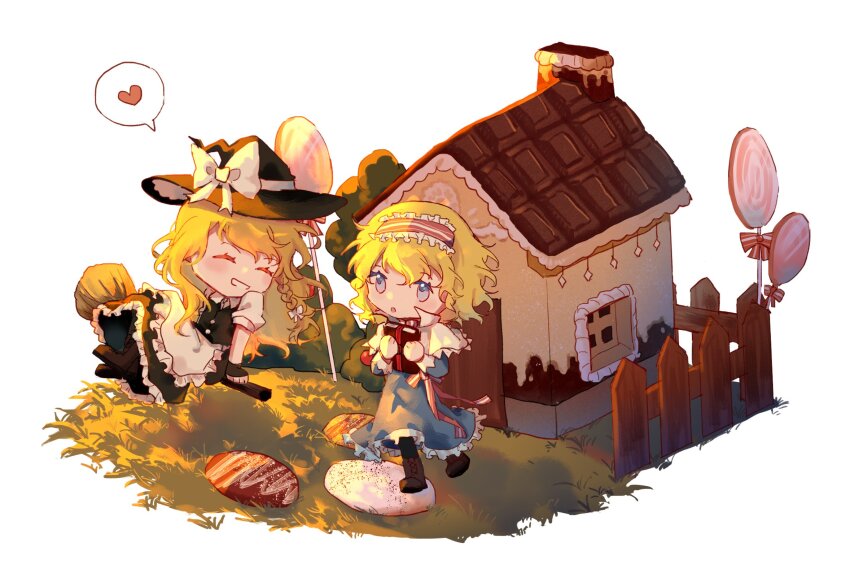 2girls, alice_margatroid, apron, blonde_hair, blue_dress, blue_eyes, boots, bow, braid, broom, broom_riding, bush, candy, dress, fence, food, frilled_apron, frilled_dress, frilled_hairband, frilled_shirt_collar, frills, grass, hair_bow, hairband, hat, heart, highres, house, house_of_candy, kirisame_marisa, lollipop, long_hair, multiple_girls, muyacuo16, open_mouth, short_hair, smile, speech_bubble, teeth, touhou, white_apron, white_background, witch, witch_hat, wooden_fence