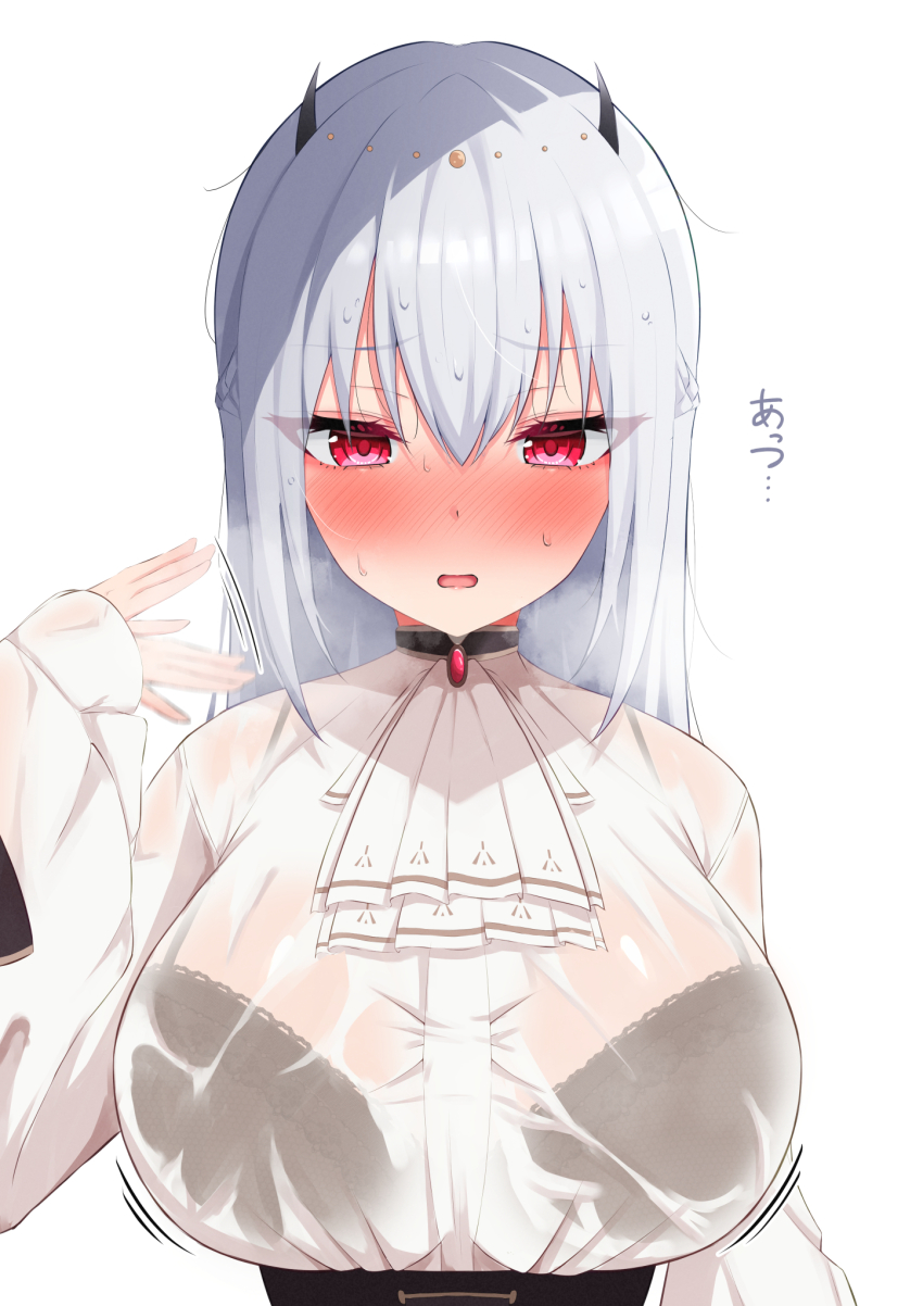 1girl, blush, bra_visible_through_clothes, breasts, grey_hair, hair_between_eyes, hakase_fuyuki, hakase_fuyuki_(3rd_costume), highres, hukigen_dadada, large_breasts, long_hair, nijisanji, red_eyes, see-through_clothes, shirt, simple_background, solo, steaming_body, sweat, upper_body, virtual_youtuber, wet, wet_clothes, wet_shirt, white_background