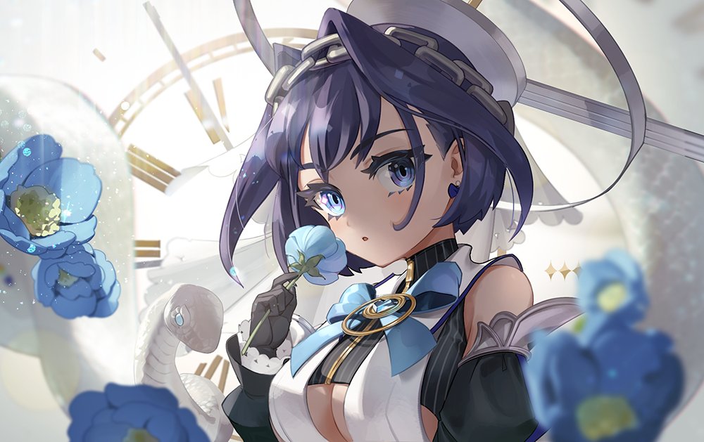 1girl, black_gloves, blue_bow, blue_eyes, blue_flower, blue_hair, bow, breasts