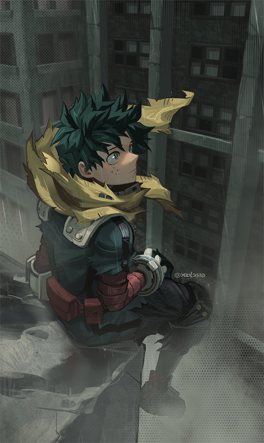 1boy, belt, boku_no_hero_academia, building, city, closed_mouth, freckles, gloves