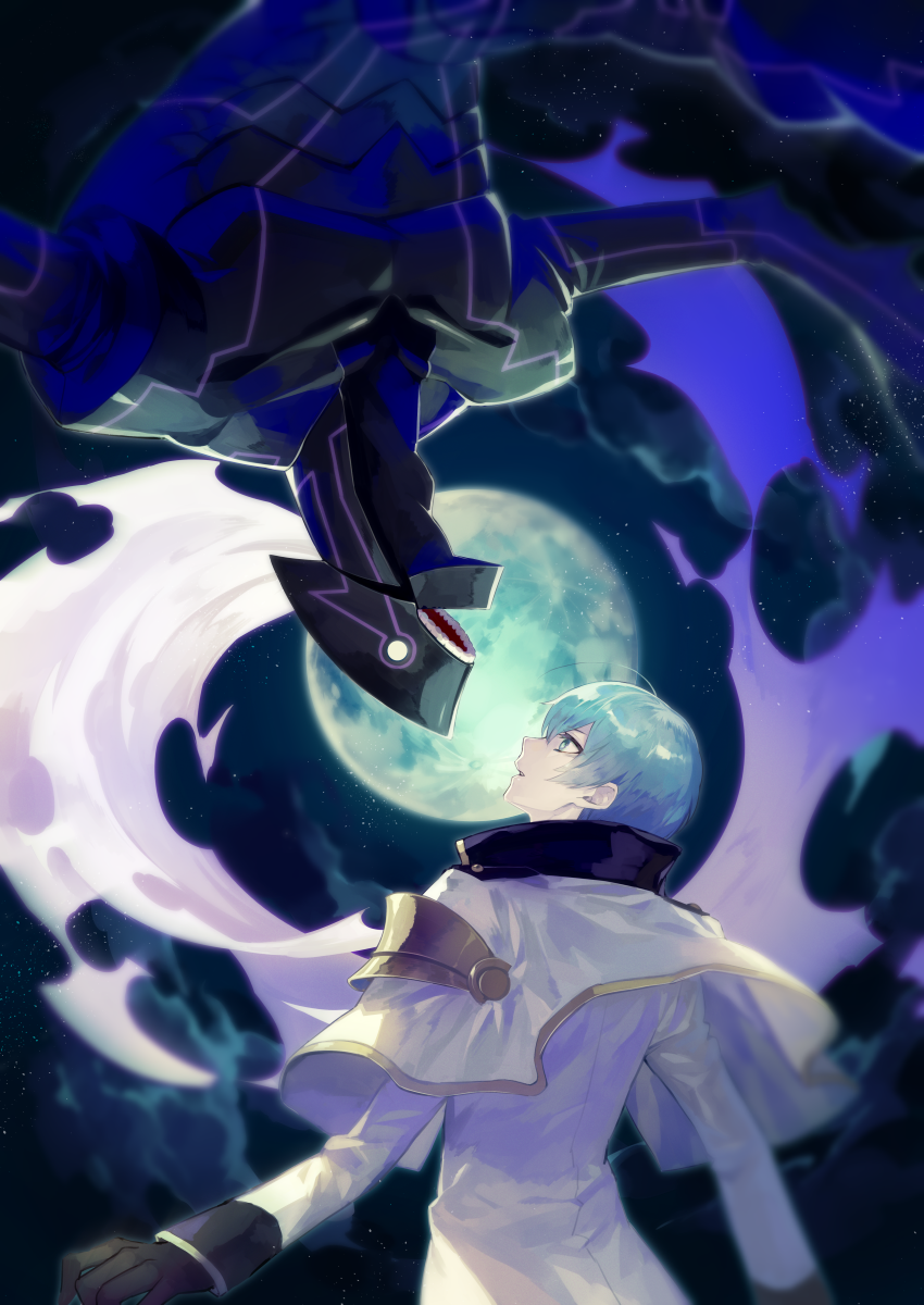2boys, ahoge, aqua_eyes, black_gloves, cape, collar, full_moon, gloves