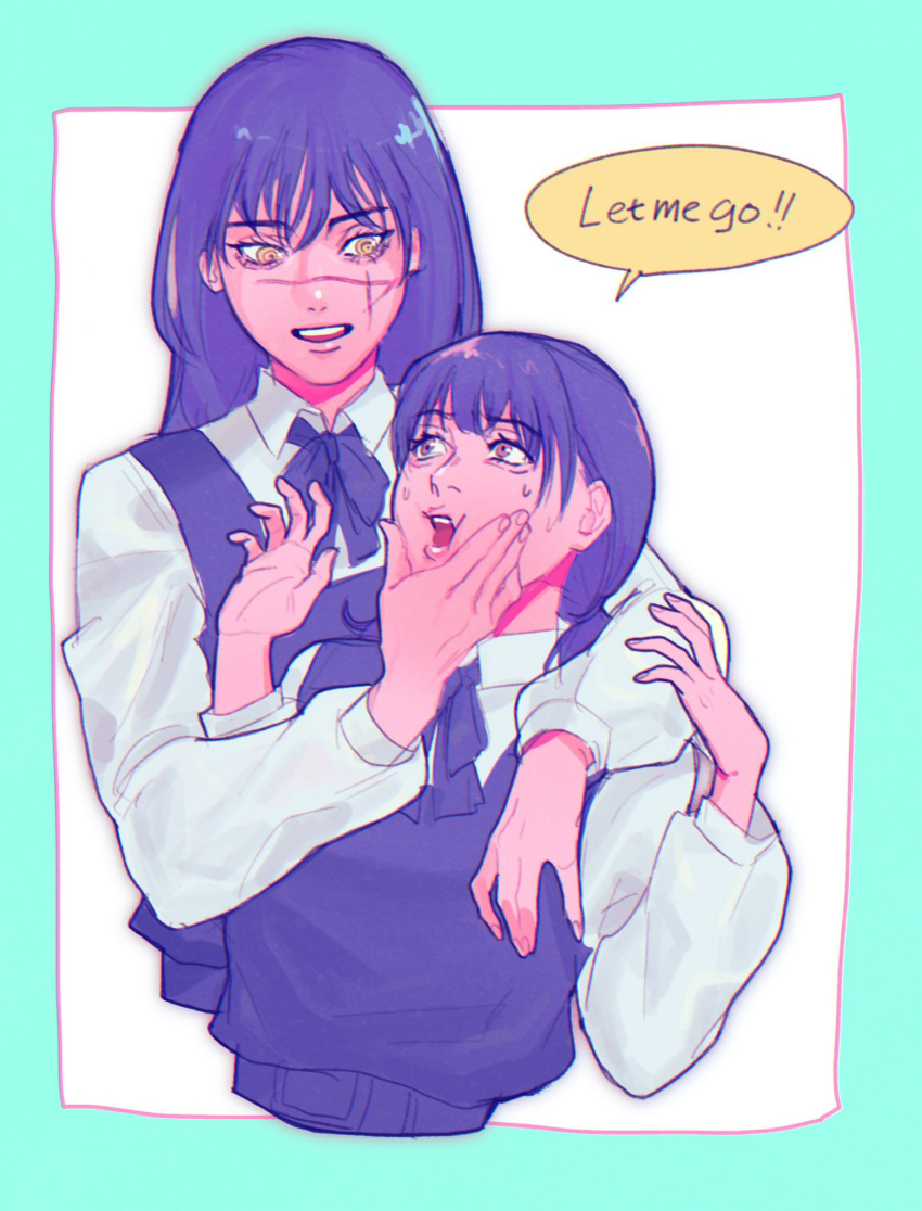 2girls, arm_around_neck, black_hair, black_ribbon, chainsaw_man, collared_shirt, cropped_torso, cross_scar