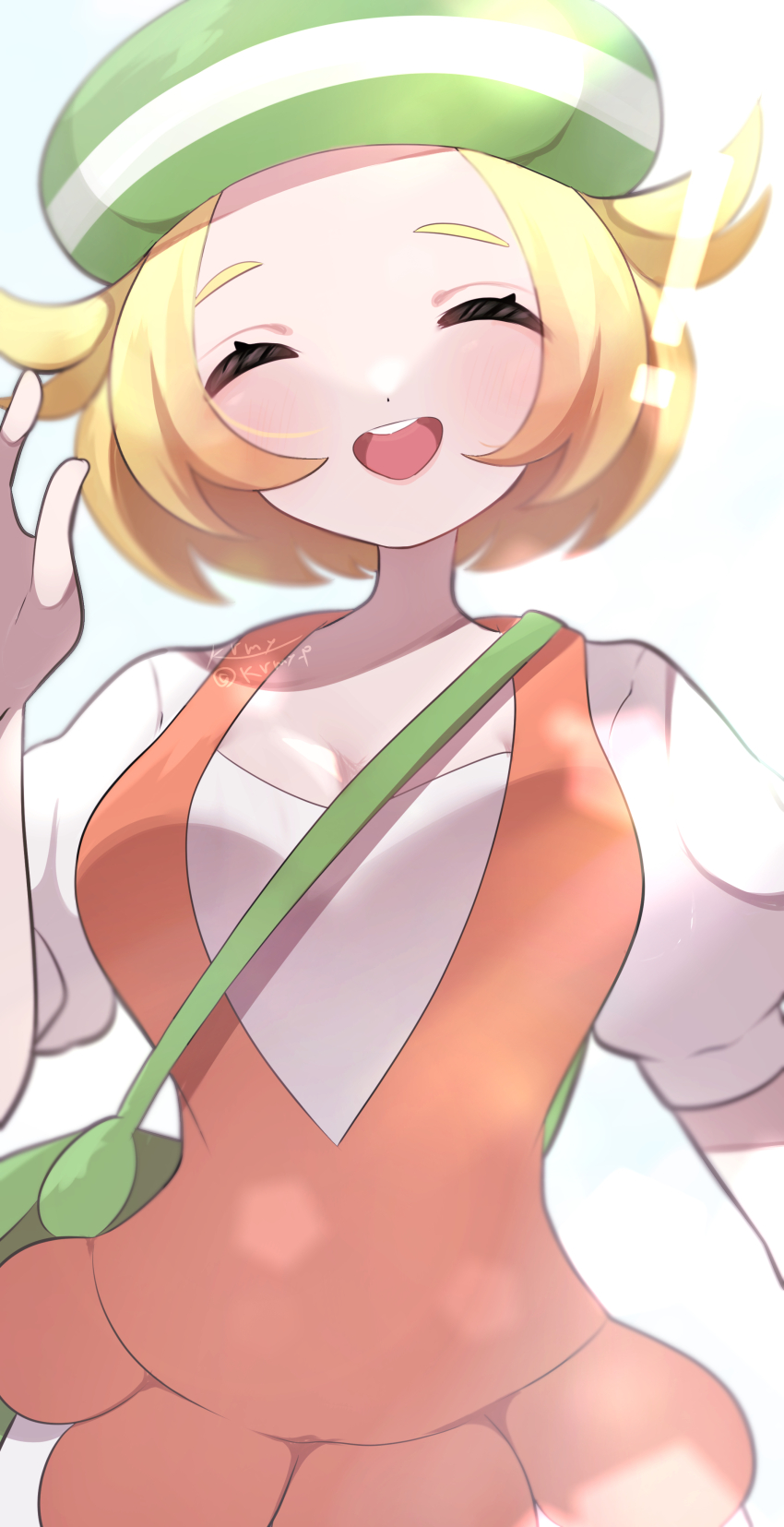 1girl, :d, absurdres, bag, bianca_(pokemon), blonde_hair, breasts, cleavage