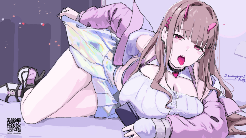 1girl, absurdres, bare_shoulders, black_collar, black_nails, breasts, brown_hair, cleavage, collar, crop_top, fingerless_gloves, gloves, goddess_of_victory:_nikke, hair_intakes, heart_collar, high_heels, highres, holding, iridescent_clothes, horns, j._(anonymousarts), jacket, large_breasts, light_blush, long_hair, lying, nail_polish, pink_horns, pink_jacket, pleated_skirt, qr_code, red_eyes, saliva, skirt, solo, tongue, tongue_out, viper_(nikke), white_footwear, white_gloves, zipper