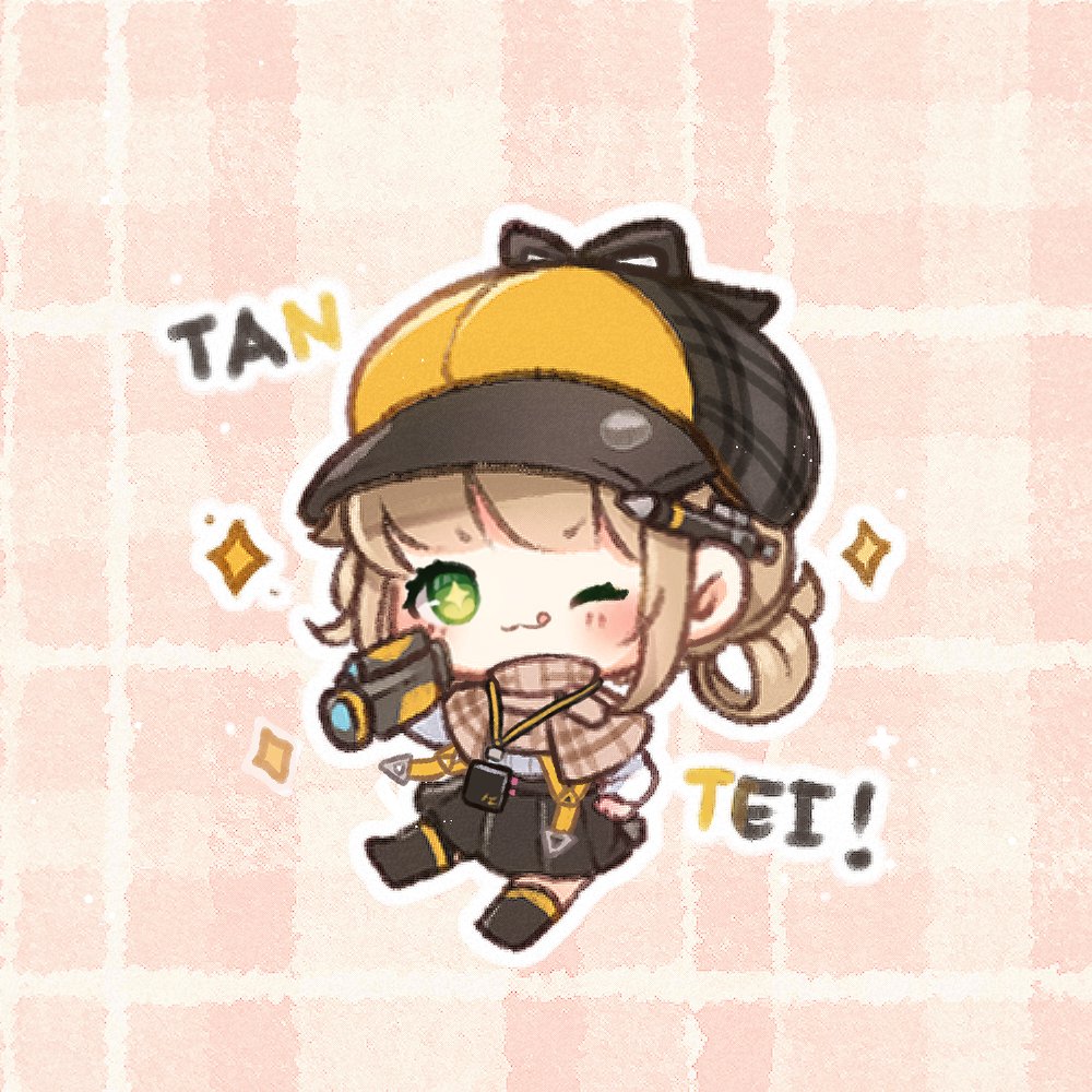 +_+, 1girl, :q, black_skirt, black_thighhighs, blunt_bangs, blush, brown_cloak, brown_hair, camera, chibi, cloak, deerstalker, goddess_of_victory:_nikke, green_eyes, hat, holding, holding_camera, kokouffee, novel_(nikke), one_eye_closed, orange_hat, pen, pen_behind_ear, plaid_cloak, plaid_clothes, shirt, short_hair, short_twintails, sidelocks, skirt, solo, thighhighs, tongue, tongue_out, twintails, white_shirt