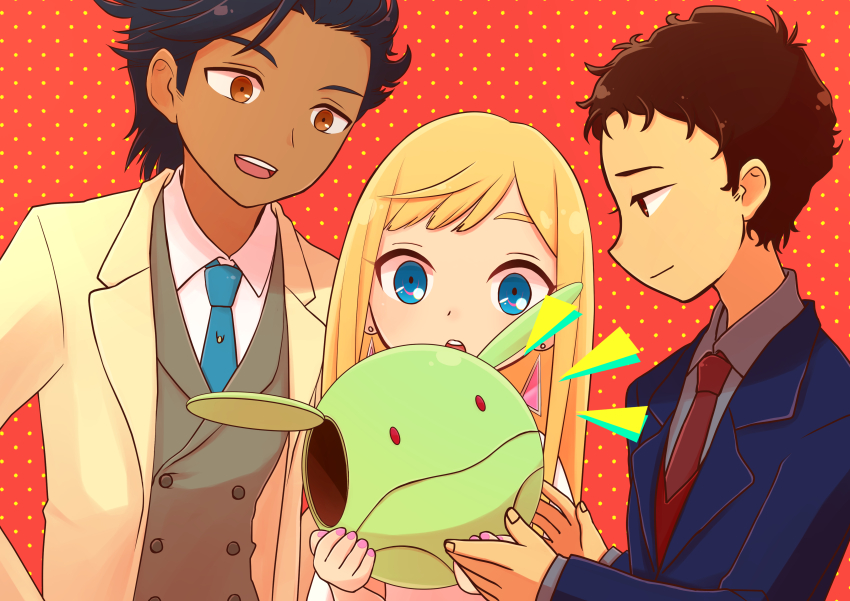 1girl, 2boys, absurdres, blonde_hair, blue_eyes, blue_jacket, blue_necktie, brown_eyes, brown_hair, collared_shirt, dark-skinned_male, dark_skin, dotted_background, earrings, gigi_andalusia, grey_jacket, gundam, gundam:_hathaway's_flash, haro, hathaway_noa, highres, holding, jacket, jewelry, kenneth_sleg, long_hair, momi_o, multiple_boys, necktie, non-humanoid_robot, pink_nails, red_necktie, red_vest, robot, shirt, short_hair, triangle_earrings, vest, white_jacket, white_shirt