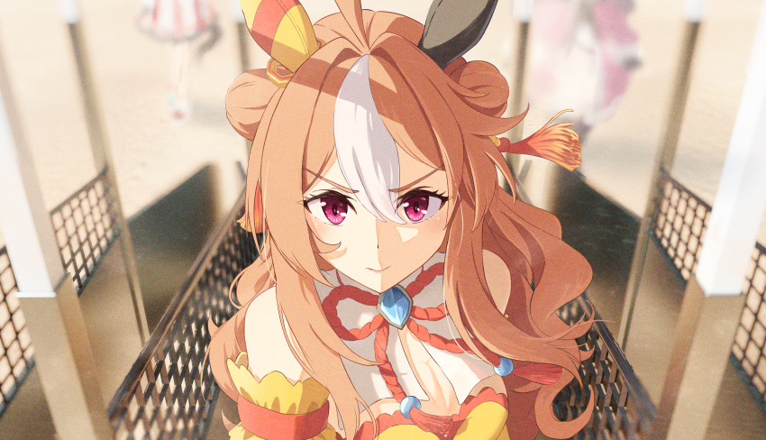 3girls, absurdres, ahoge, akanekai, animal_ears, bare_shoulders, blurry, copano_rickey_(umamusume)