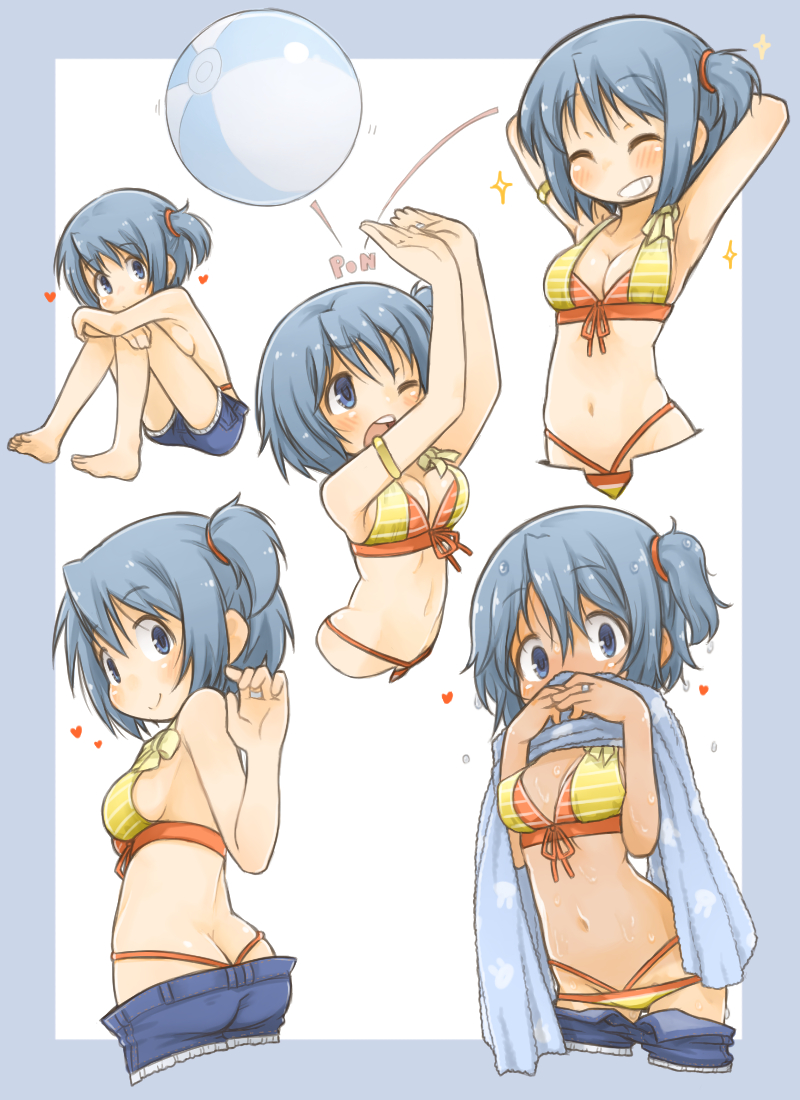 1girl, ass, ball, beachball, bikini, blue_eyes, blue_hair, blue_shorts