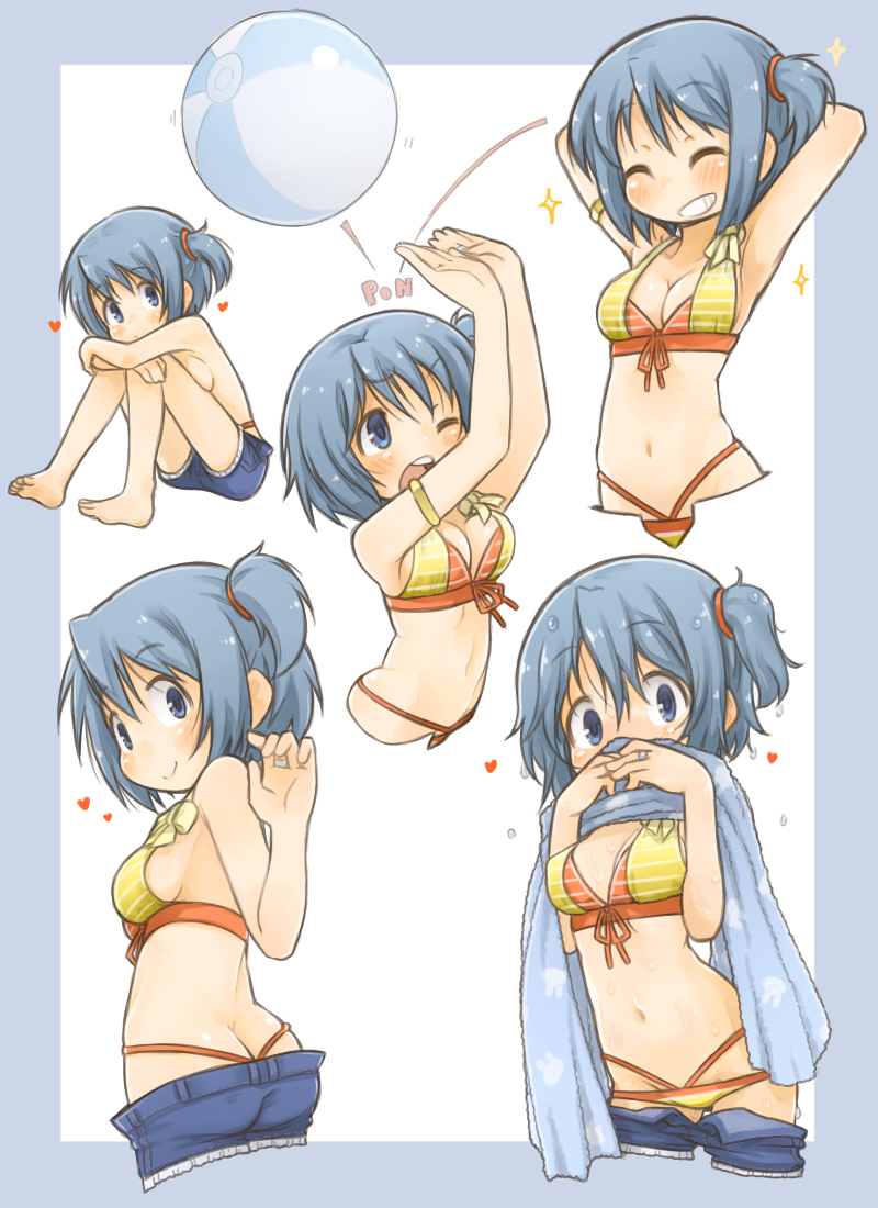 1girl, ass, ball, beachball, bikini, blue_eyes, blue_hair, blue_shorts, border, breasts, butt_crack, covering_crotch, covering_privates, cowboy_shot, denim, denim_shorts, front-tie_bikini_top, front-tie_top, grey_border, lowleg, lowleg_bikini, magia_record:_mahou_shoujo_madoka_magica_gaiden, mahou_shoujo_madoka_magica, medium_breasts, micro_bikini, miki_sayaka, miki_sayaka_(swimsuit_costume), multi-strapped_bikini_bottom, multicolored_bikini, multiple_views, one_side_up, orange_bikini, short_hair, shorts, sitting, swimsuit, towel, two-tone_background, two-tone_bikini, undressing, white_background, yellow_bikini, zangetsumaru