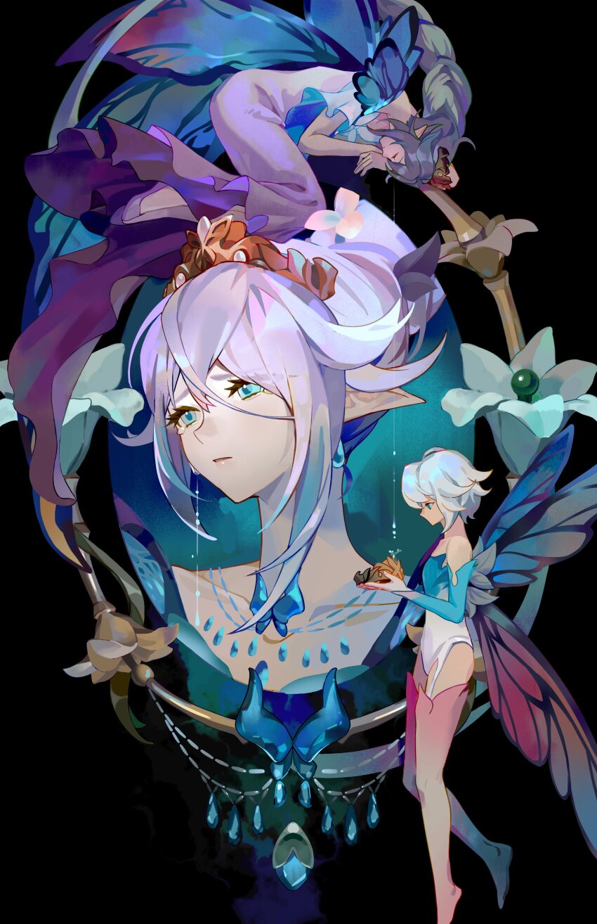 2others, absurdres, an_lad, black_background, blue_eyes, crying, dress, earrings