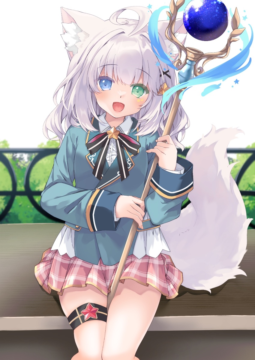 1girl, ahoge, animal_ear_fluff, animal_ears, bench, between_thighs, blazer, blue_jacket