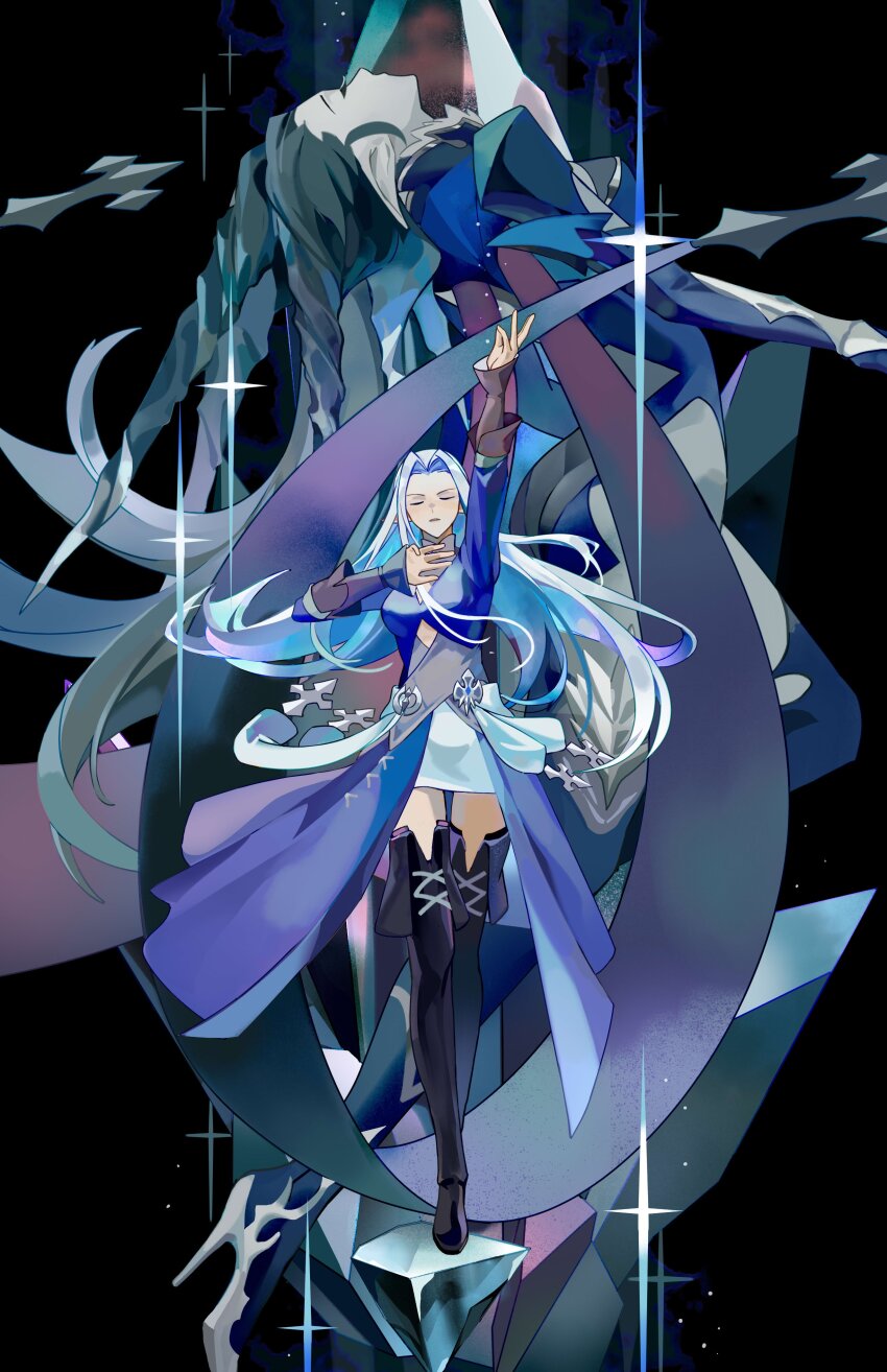 2girls, absurdres, black_background, boots, closed_eyes, dual_persona, elezen, elf