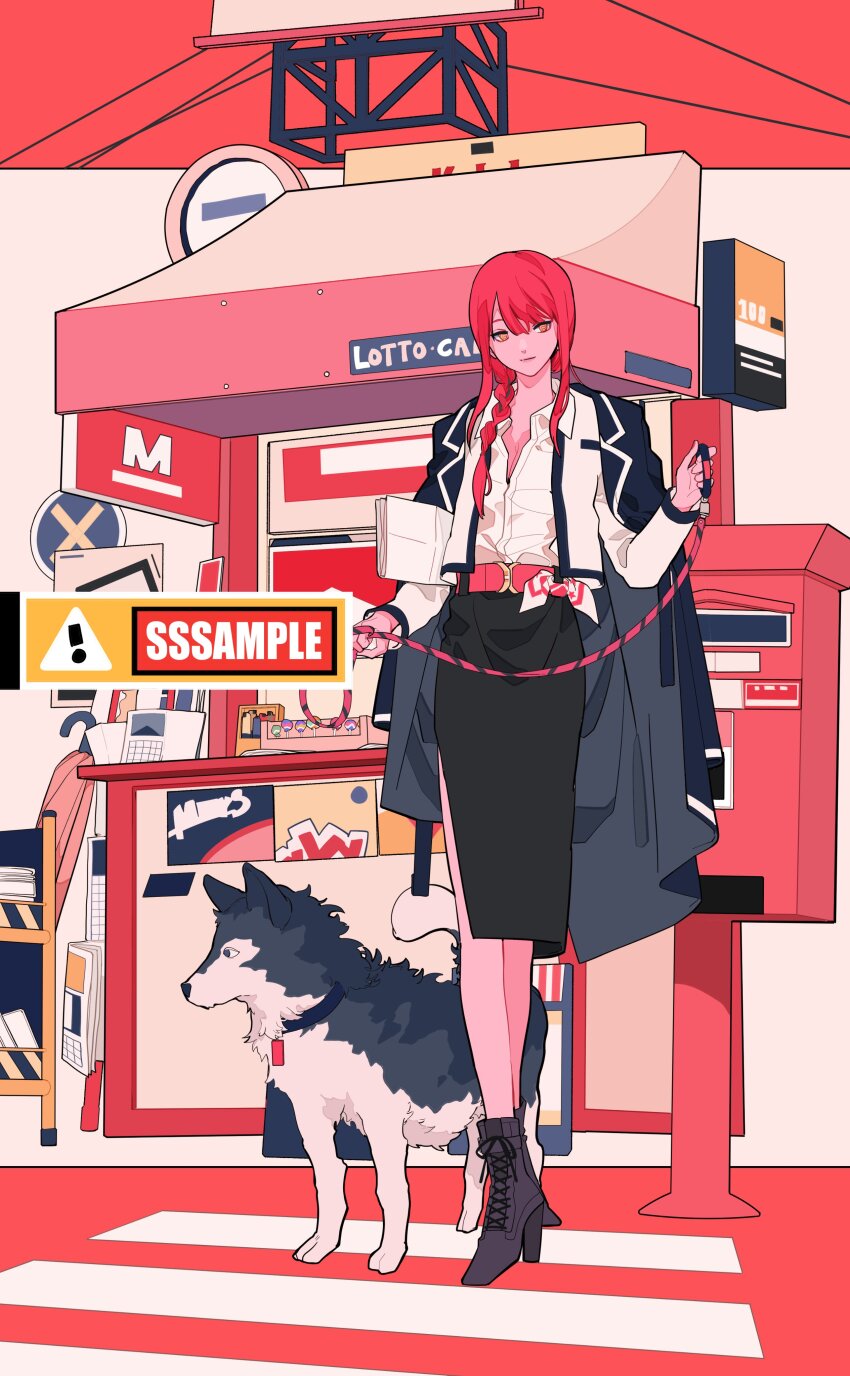 1girl, 1other, absurdres, black_coat, black_footwear, black_skirt, braid, braided_ponytail