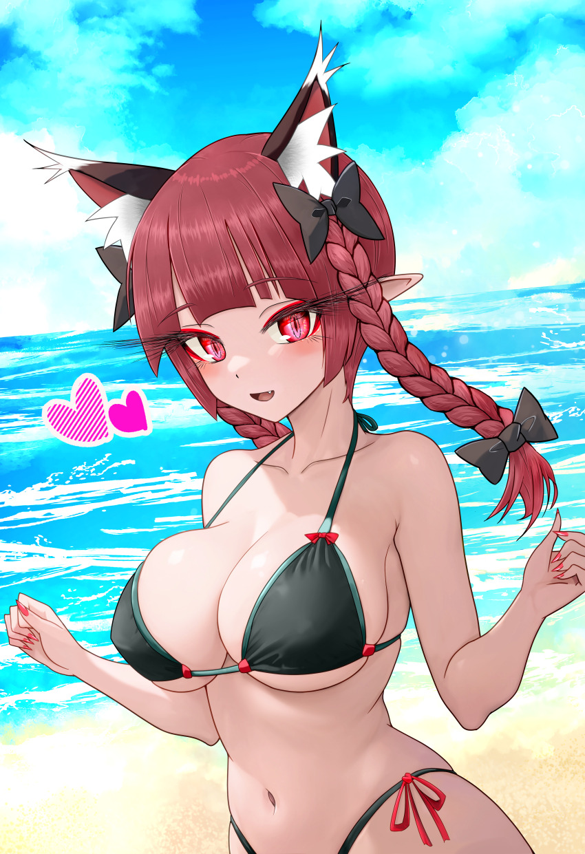 1girl, absurdres, animal_ears, beach, bikini, black_bikini, black_bow, blush