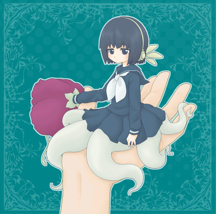 1girl, black_hair, bob_cut, flower, headphones, in_palm, inutarouta, mini_person