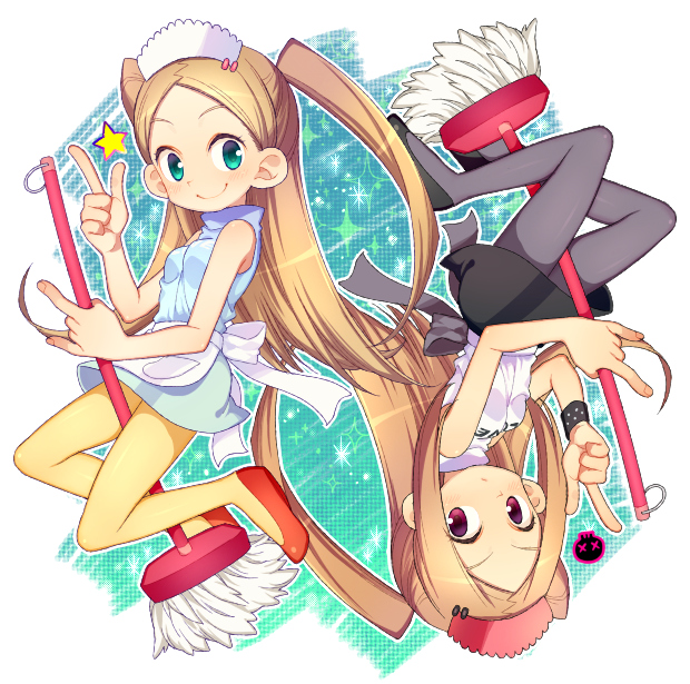 2girls, apron, bemani, black_footwear, black_skirt, blue_skirt, bow, bracelet, brown_hair, brown_pantyhose, closed_mouth, fingernails, hair_ornament, hairclip, holding, holding_mop, indoors, jewelry, kiri_futoshi, long_hair, lotte_(pop'n_music), maid_headdress, mop, multiple_girls, pantyhose, pop'n_music, ratte_(pop'n_music), red_footwear, rotational_symmetry, shirt, siblings, sisters, skirt, skull, smile, studded_bracelet, twins, twintails, waist_apron, waist_bow, white_shirt