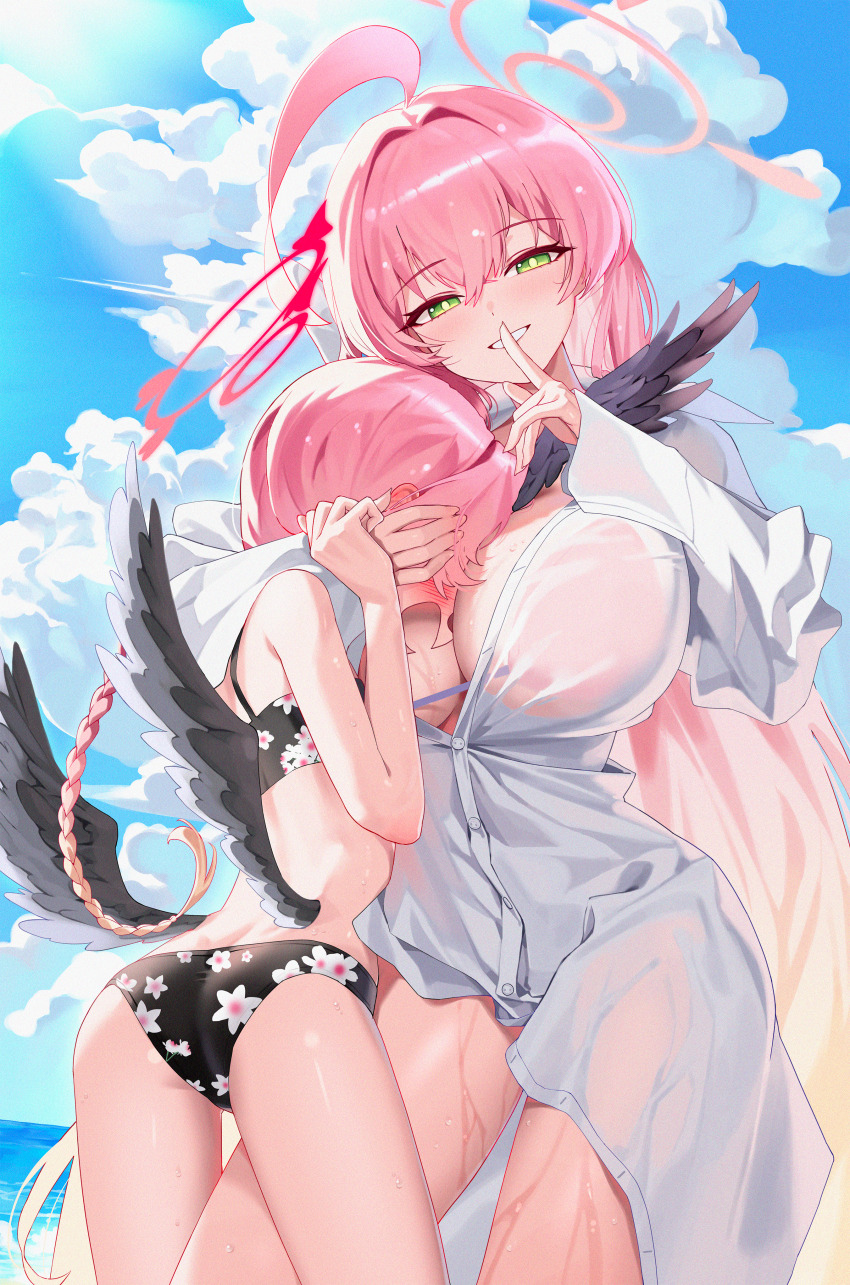 2girls, absurdres, ahoge, ass, bikini, bikini_under_clothes, black_bikini, black_wings