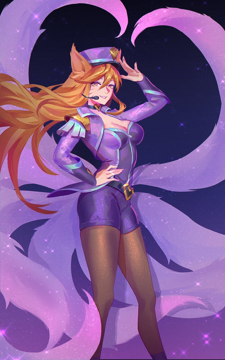 1girl, ahri_(league_of_legends), animal_ears, arm_up, belt, breasts, brown_pantyhose, choker