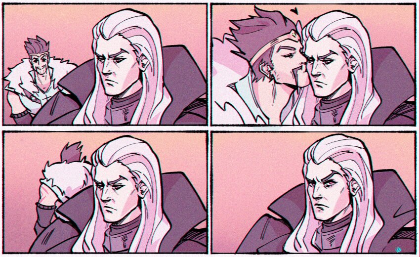 2boys, closed_eyes, closed_mouth, draven, facial_hair, fur-trimmed_jacket, fur_trim, gatopescado3