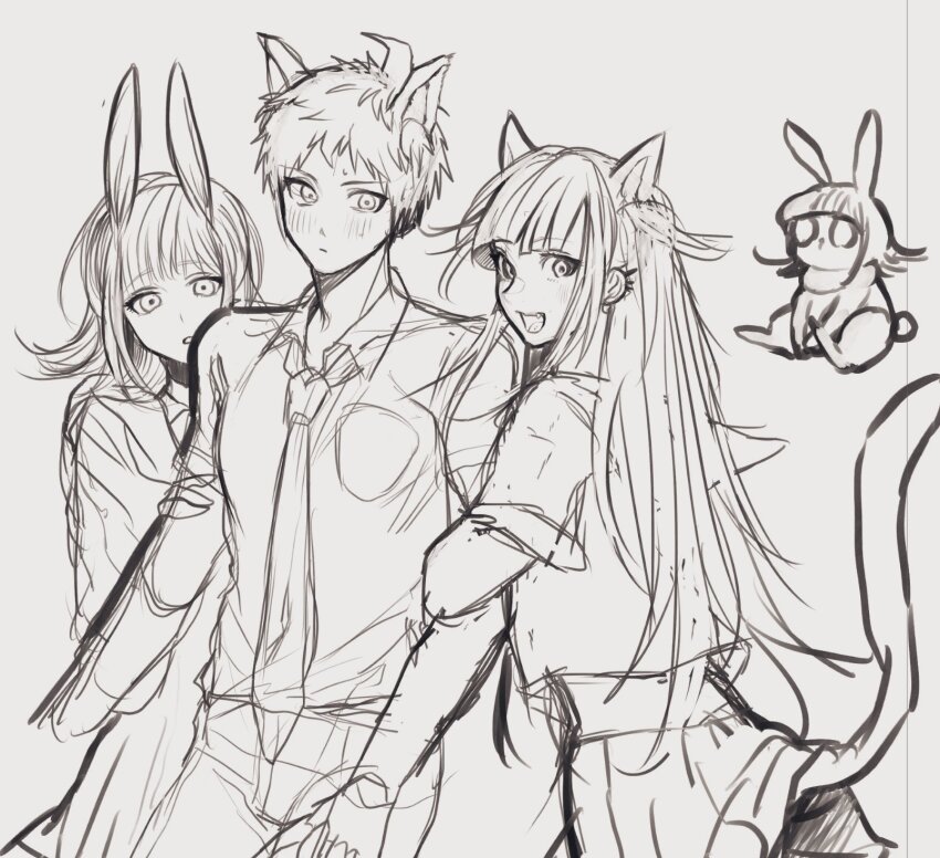 1boy, 2girls, :d, ahoge, animal_ears, baba_(sizennha_pan2), blush, breast_pocket, cat_ears, cat_girl, cat_tail, collared_shirt, cowboy_shot, danganronpa_(series), danganronpa_2:_goodbye_despair, earrings, fang, grey_background, highres, hinata_hajime, jewelry, looking_at_viewer, mioda_ibuki, multiple_girls, nanami_chiaki, necktie, open_mouth, pants, pleated_skirt, pocket, rabbit_ears, rabbit_girl, shirt, short_sleeves, sketch, skirt, smile, tail